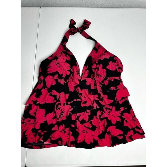 Aqua Green Ruffled Tiered Halter Tankini Sz L Tropical Floral Coral/ Black *Note - Picture 1 of 11
